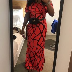 Red & Black Off the Shoulder Maxi Dress